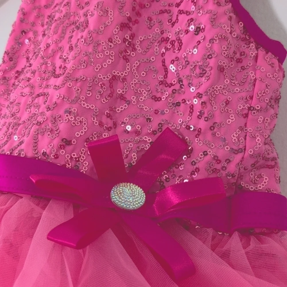 New Weissman Pink Sequin Dance Leotard Costume Ruffled Skirt Halter Top Sz XS